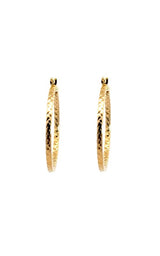 Pair of gold hoop earrings with a twisted, rope-like design.