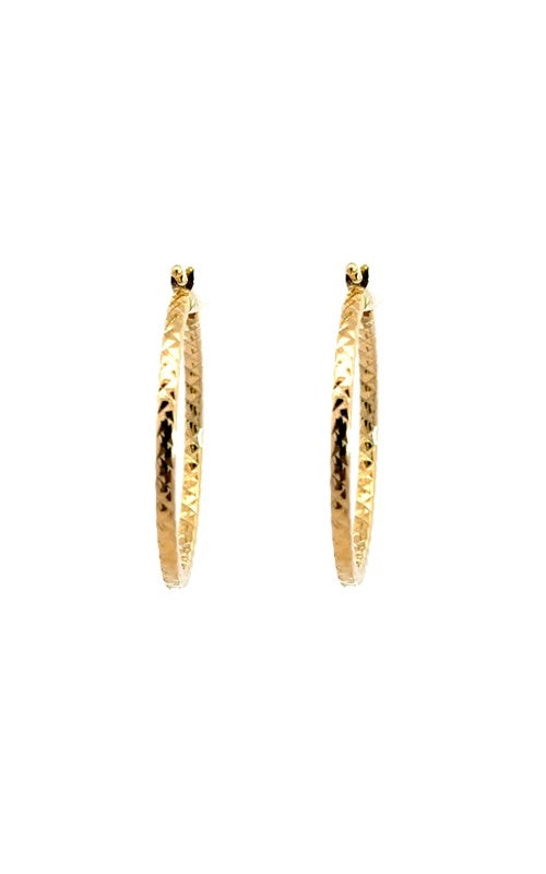 Pair of gold hoop earrings with a twisted, rope-like design.