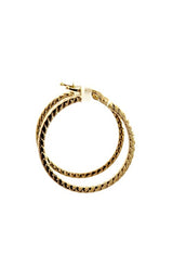 Pair of gold hoop earrings with a twisted, rope-like design.