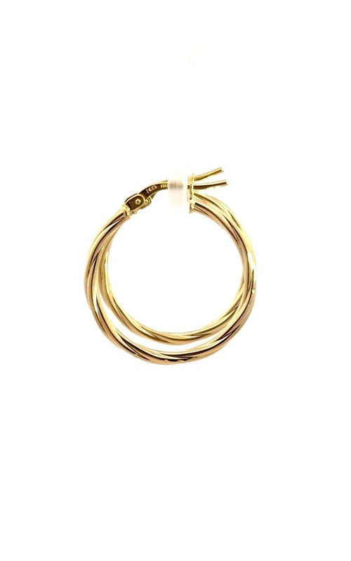 Pair of gold hoop earrings with a twisted, rope-like design.