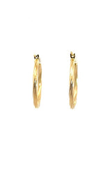 Pair of gold hoop earrings with a twisted, rope-like design.