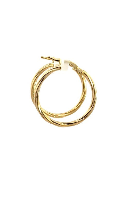 Pair of gold hoop earrings with a twisted, rope-like design.