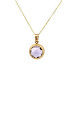 Gold chain with an oval amethyst pendant.