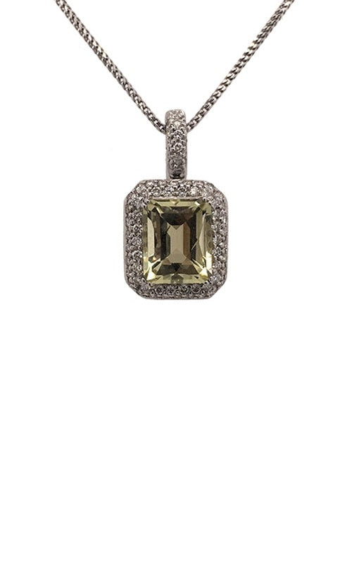 Emerald-cut green amethyst pendant with diamond halo in a white gold setting, on a white gold chain.