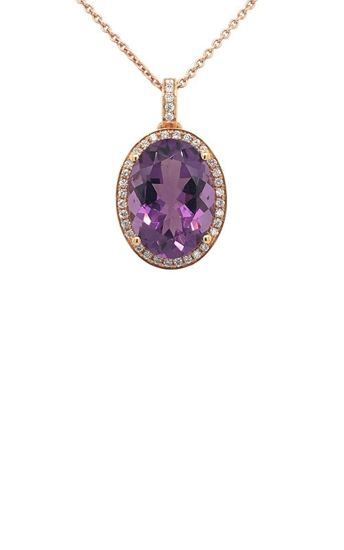 Oval amethyst pendant with diamond halo in rose gold setting.