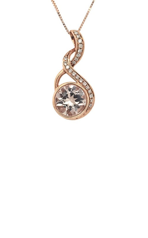 Rose gold necklace with a round morganite center stone and diamond accents pendant