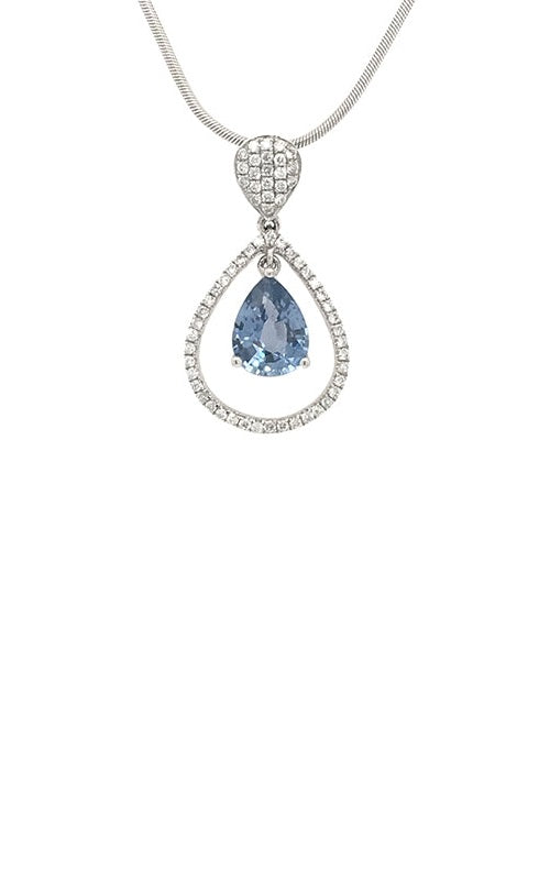 Silver necklace with pear-shaped blue sapphire pendant and diamond accent