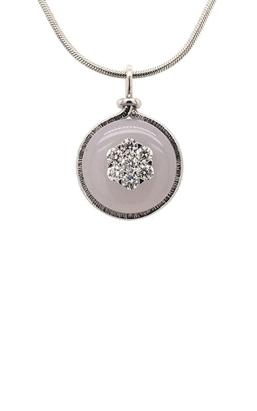  Oval chalcedony pendant with a snowflake-shaped cluster of diamonds in a silver setting, on a silver chain.