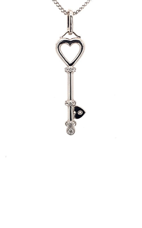 Silver heart-shaped key pendant with diamond accents on a silver chain.