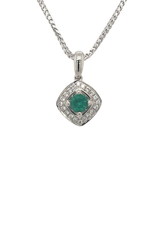 Round emerald pendant with diamond halo in a square setting, on a silver chain.