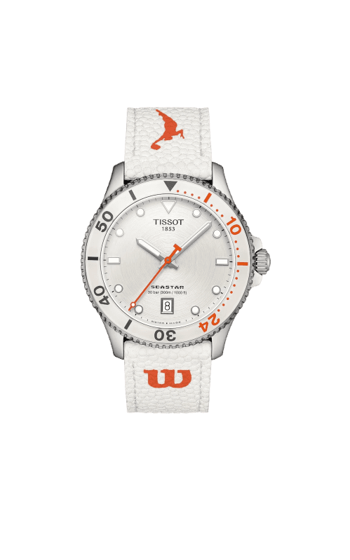 Tissot watch with a white dial, orange accents.