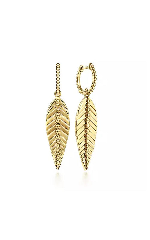 14K Yellow Plain Gold Huggie Drop Leaf Earrings G14839