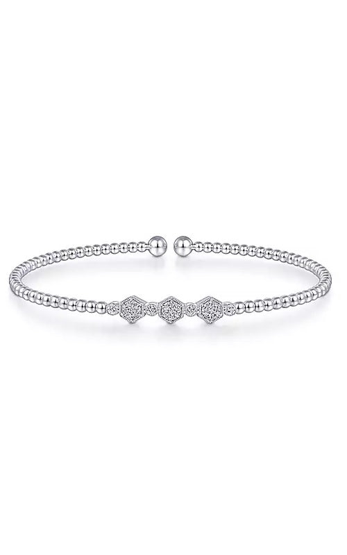 14K White Gold Bujukan Bead Cuff Bracelet with Cluster Diamond Hexagon Stations  G12311