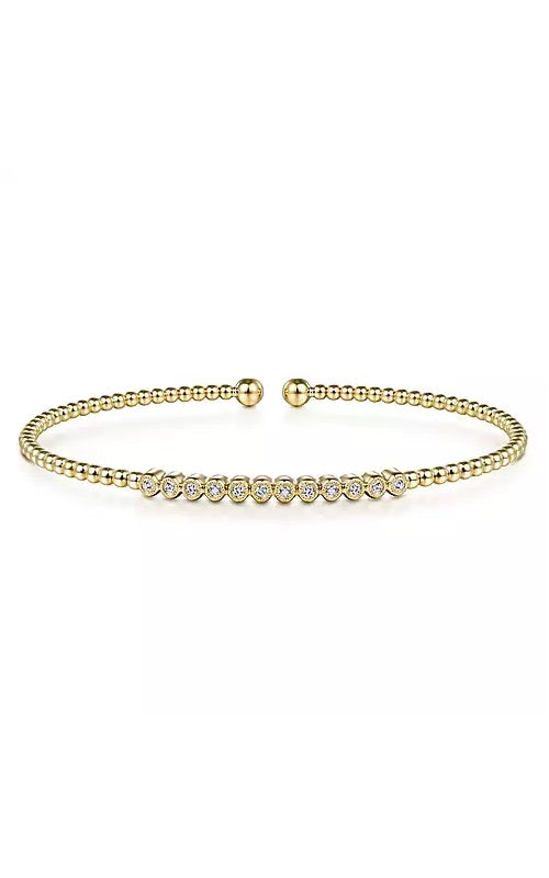14K Yellow Gold Bujukan Bead Cuff Bracelet with Bezel Set Diamond Stations  G11184