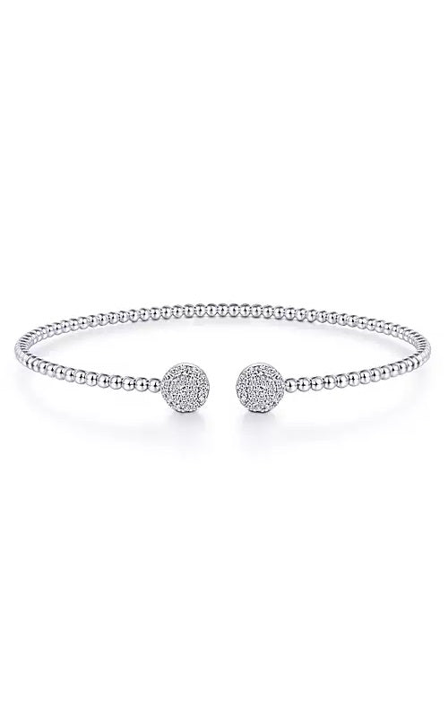 14K White Gold Bujukan Bead Split Cuff Bracelet with Round Pavé Diamond Discs  G13011