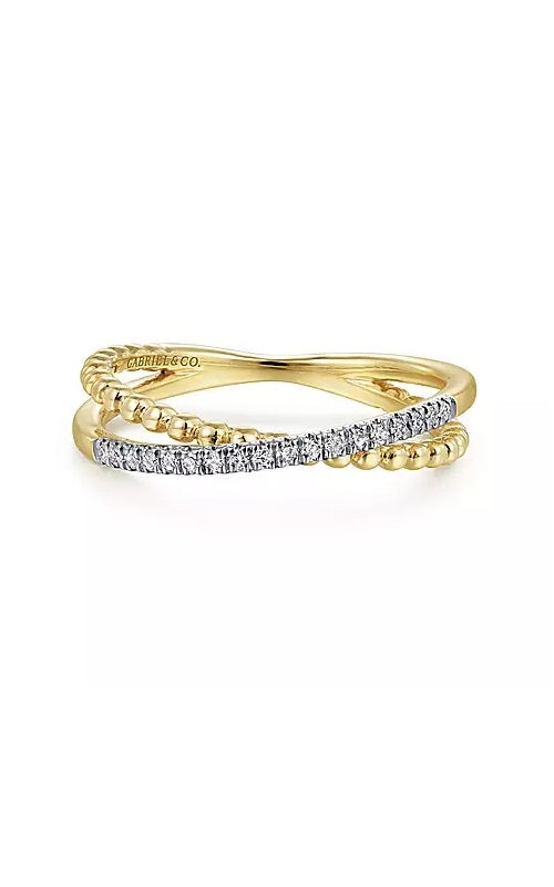 14K Yellow Gold Beaded Pavé Diamond Criss Cross Ring  G14630