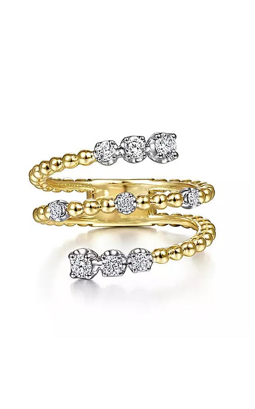 14K White-Yellow Gold Bujukan Ball and Diamond Open Bypass Wrap Ring with Butter Cup Setting  G13163